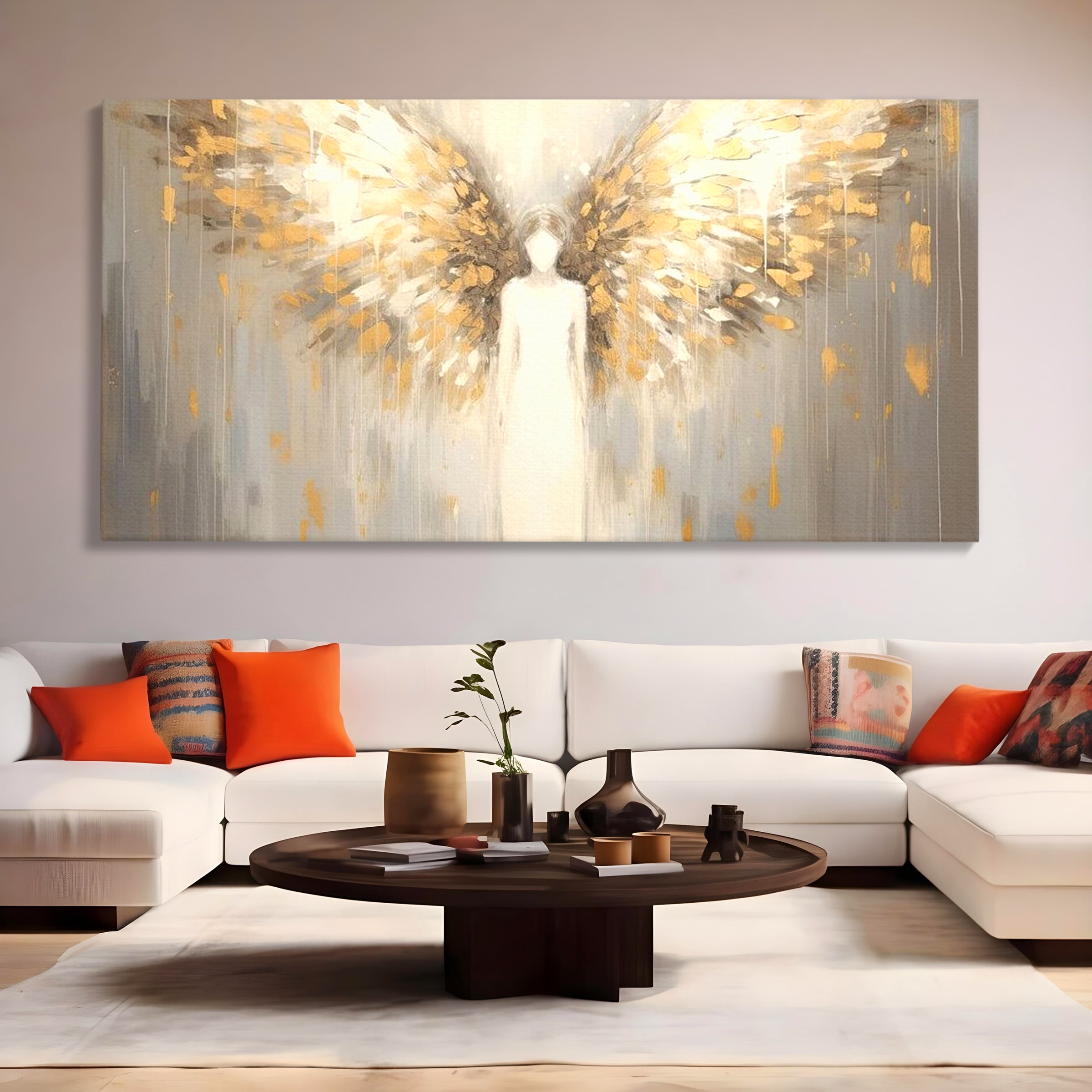 Tablou canvas cu tablou canvas cu inger si aripi aurite, fara rama, pe sasiu de lemn, pe perete intr-un living
